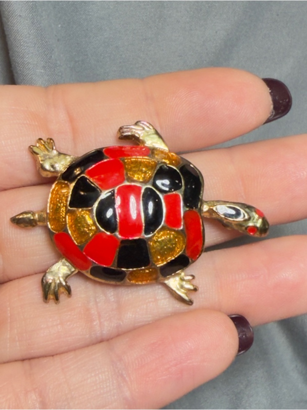 Vintage Enamel Turtle Brooch Red Black Gold Tone Domed Shell Pin